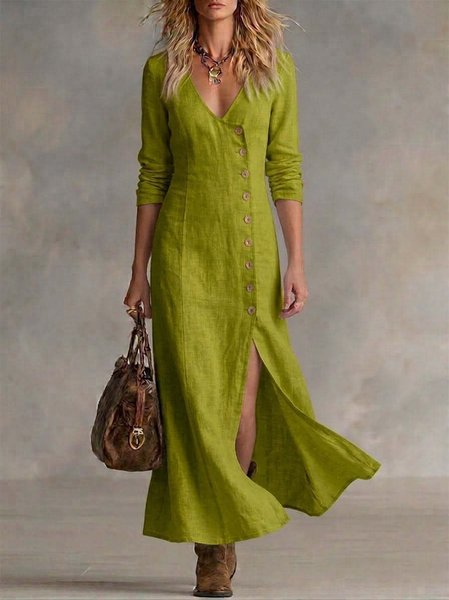 

Women Plain Spring/Fall Dress V Neck Long Sleeve A-Line Dress, Green, Dresses