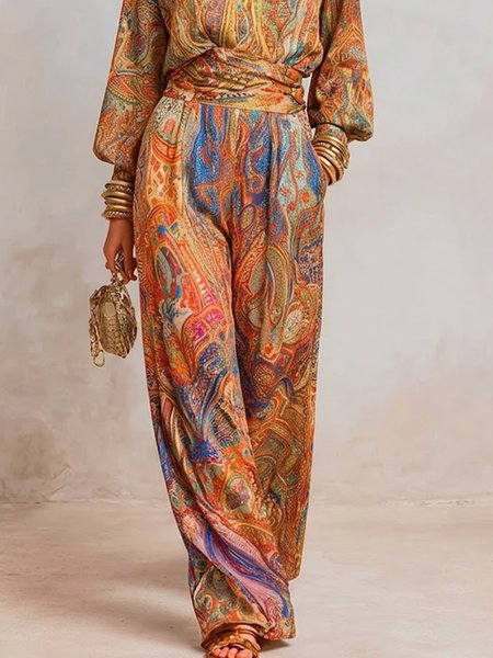 

Elegant Paisley Wide Leg Pants H-Line Natural Vacation Trousers, As picture, Pants