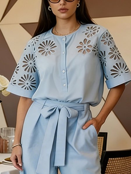 

Cotton Casual Plain Buttoned Crew Neck Shirt, Blue, Blouses and Shirts