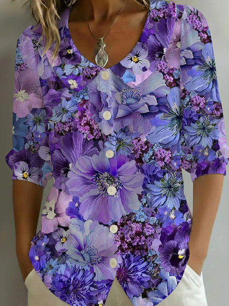 

Shawl Collar Half Sleeve Floral Printing Regular Micro-Elasticity Regular Fit Shirt For Women, Purple, Shirts