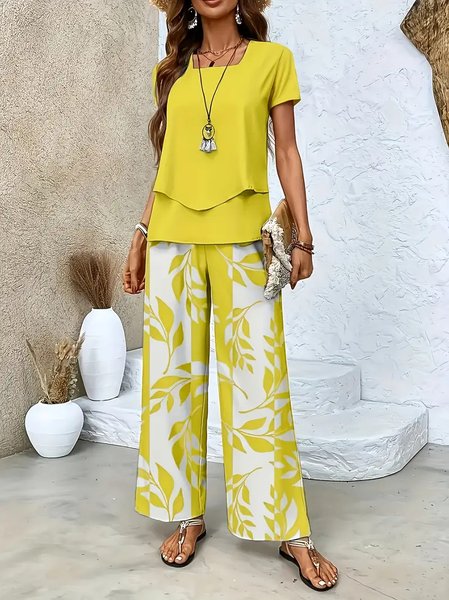 

Women Geometric Two-Piece Set Daily Short Sleeve Elegant Summer Top With Pants Matching Set, Yellow, Sets
