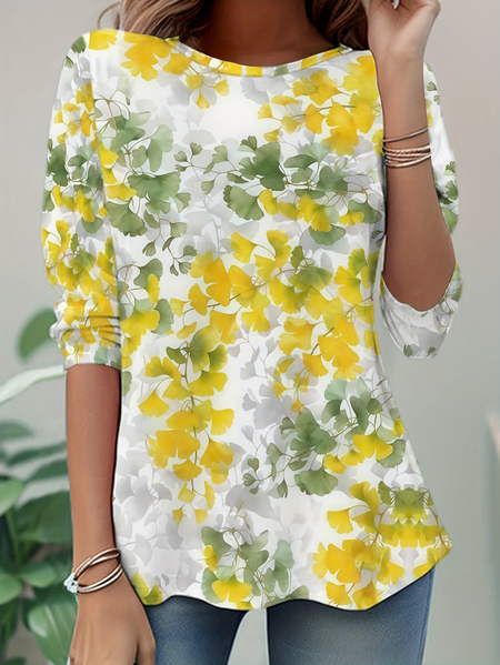 

Women Floral Long Sleeve Tee T-shirt Crew Neck Casual Tunic Spring/Fall Top, Yellow, T-Shirts
