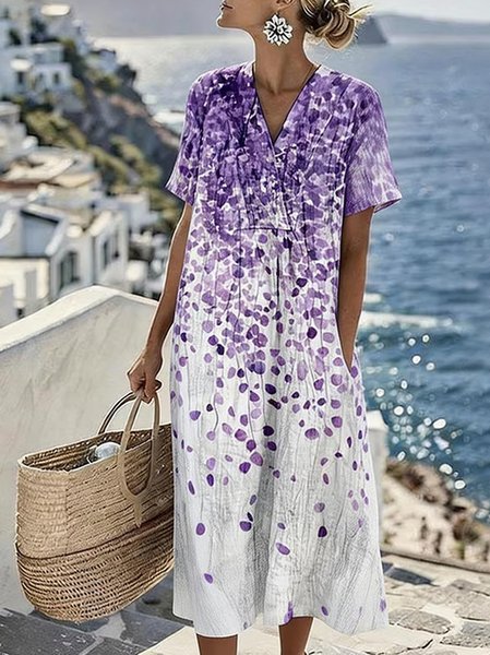 

Women Floral Summer Dress V Neck Short Sleeve Fit & Flare Dress A-Line Dress, Purple, Dresses