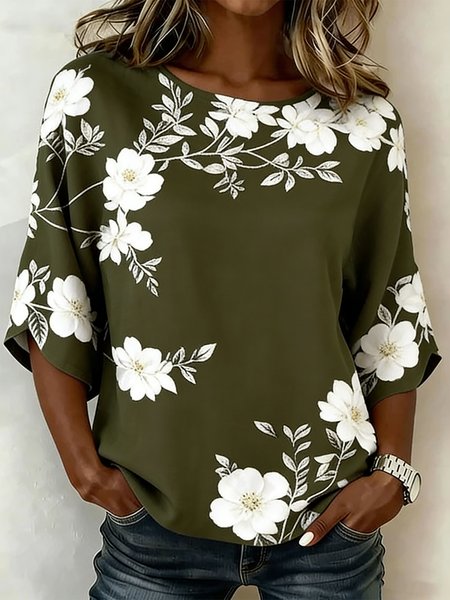 

Crew Neck Half Sleeve Floral Lightweight Loose Shirt For Women, Green, T-shirts