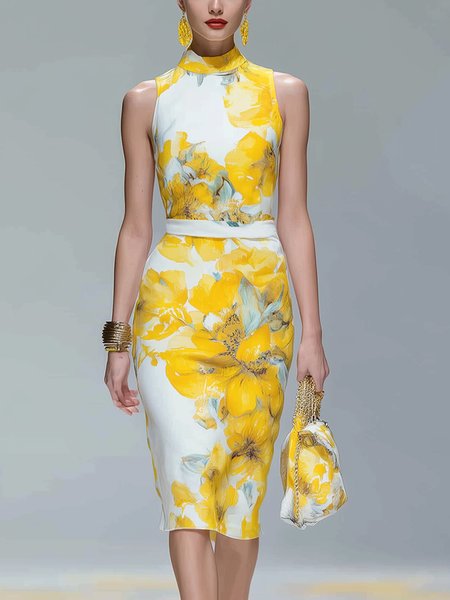 Elegant Floral Printing Stand Collar Knee Length Dress
