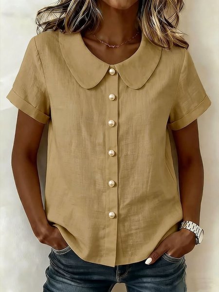 

Shawl Collar Short Sleeve Plain Regular Loose Shirt For Women, Khaki, Shirts