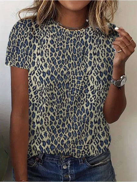 

Casual Leopard Crew Neck Short Sleeve T-shirt, As picture, T-shirts