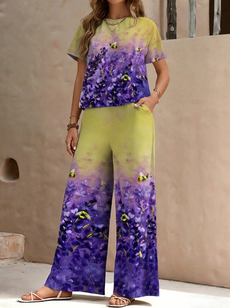 

Women Floral Two-Piece Set Daily Short Sleeve Casual Summer Top With Pants Matching Set, Purple, Sets