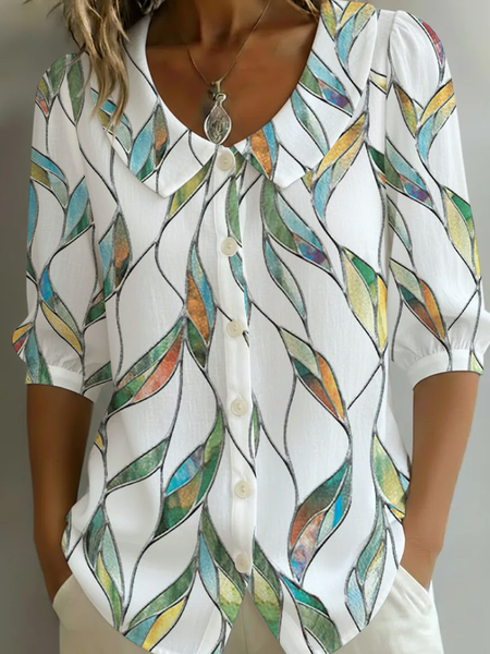 

Women Abstract Shawl Collar Half Sleeve Shirt Printing Casual Daily Summer Top, White, Shirts