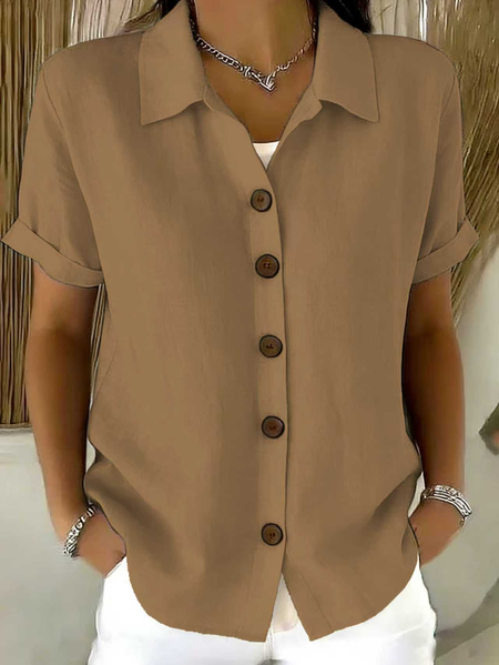 

Women Plain Shirt Collar Short Sleeve Shirt Casual Daily Summer Top, Khaki, Blouses