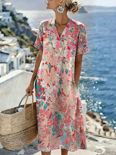 

Women Floral Summer Dress V Neck Short Sleeve Fit & Flare Dress A-Line Dress, Pink, Dresses