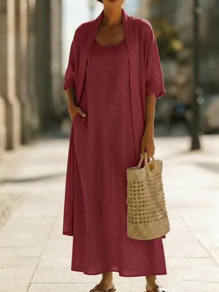 

Women Plain Matching Outfit Daily Three Quarter Sleeve Casual Spring/Fall Coat With Pants Matching Set, Red, Sets