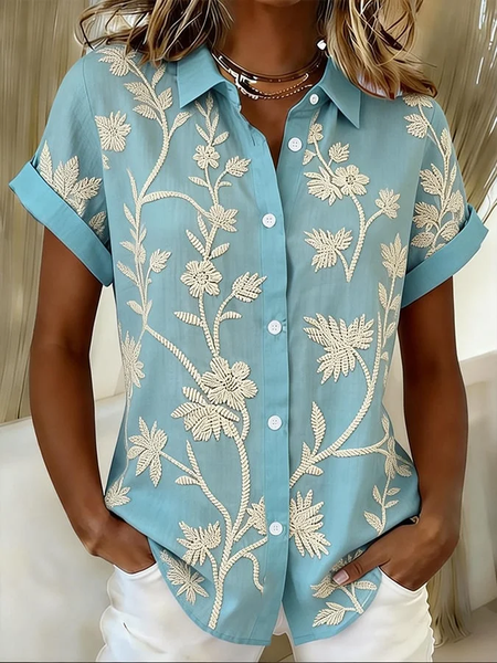 

Women Floral Shirt Collar Short Sleeve Shirt Printing Casual Daily Summer Top, Blue, Shirts