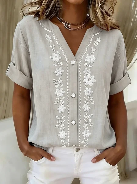 

V Neck Short Sleeve Floral Regular Loose Shirt For Women, Oatmeal, Shirts