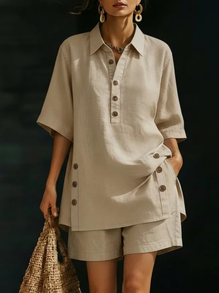 

Women Plain Two-Piece Set Daily Short Sleeve Casual Summer Short Sets Matching Set, Khaki, Sets