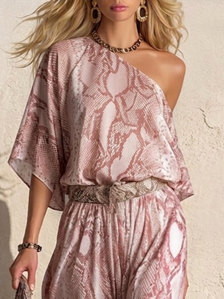 

Casual Snakeskin Printing Asymmetrical Blouse, Pink, Blouses and Shirts