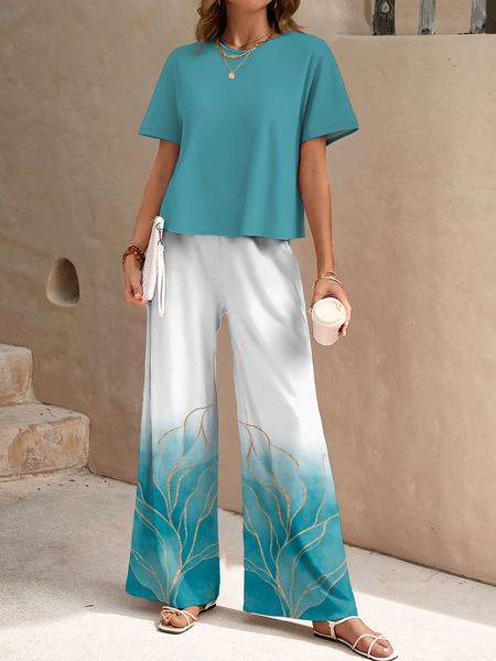 

Women Floral Two-Piece Set Daily Short Sleeve Casual Summer Top With Pants Matching Set, Blue, Sets