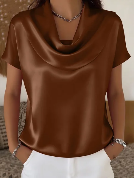 

Elegant Plain Cowl Neck Short Sleeve T-shirt, Deep brown, T-shirts