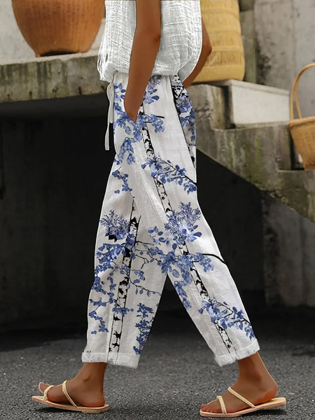 

Women Floral Long Pants Casual Spring/Fall Trousers, White, Pants