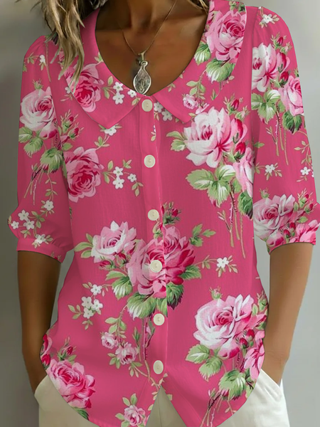 

Shawl Collar Half Sleeve Floral Printing Regular Micro-Elasticity Regular Fit Shirt For Women, Pink, Shirts