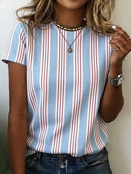 

Casual Striped Crew Neck Short Sleeve T-shirt, Blue, T-shirts