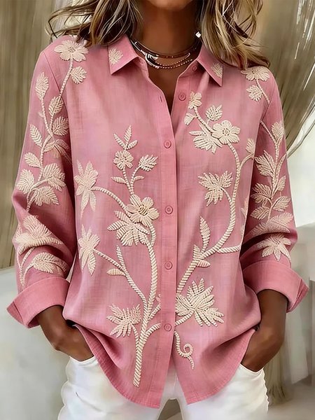 

Shirt Collar Long Sleeve Floral Regular Loose Shirt For Women, Pink, Shirts