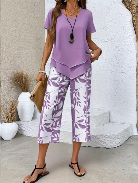 

Women Striped Two-Piece Set Daily Short Sleeve Elegant Summer Top With Pants Matching Set, Purple, Sets