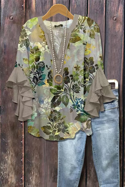 

V Neck Three Quarter Sleeve Floral Printing Regular Loose Blouse For Women, Color3, Blouses