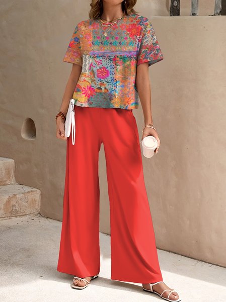 

Women Floral Two-Piece Set Daily Short Sleeve Casual Summer Top With Pants Matching Set, Red, Sets