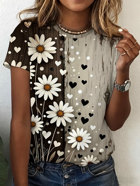 

Casual Floral Crew Neck Short Sleeve T-shirt, As picture, T-shirts