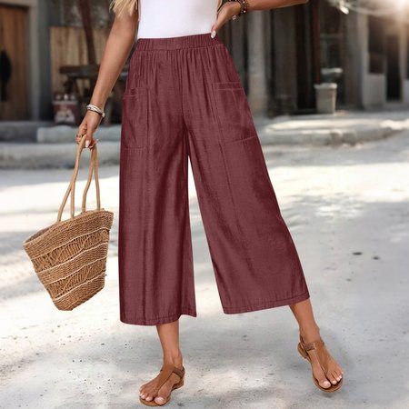 

Women Plain Capris Pants Vintage Summer Trousers, Red, Pants