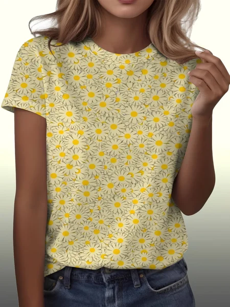 

Casual Floral Crew Neck Short Sleeve T-shirt, Yellow, T-shirts