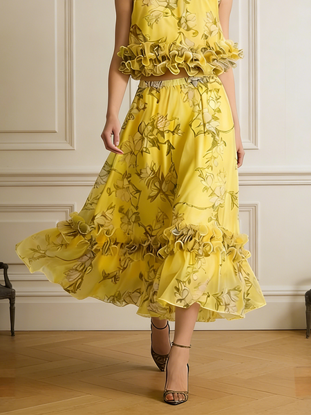 

Elegant Peplum Floral Midi Skirt, As picture, Skirts