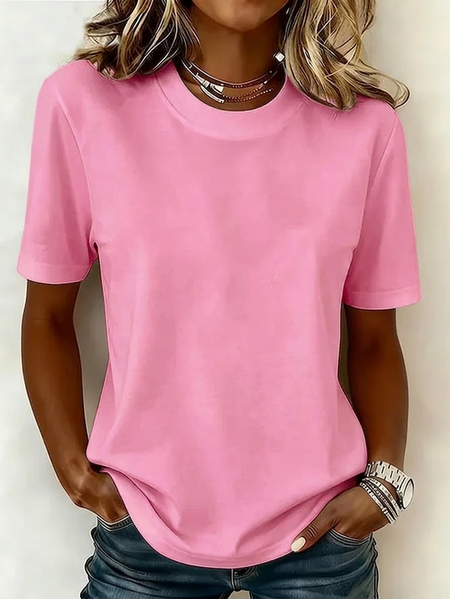 

Casual Plain Crew Neck Short Sleeve T-shirt, Pink, T-shirts