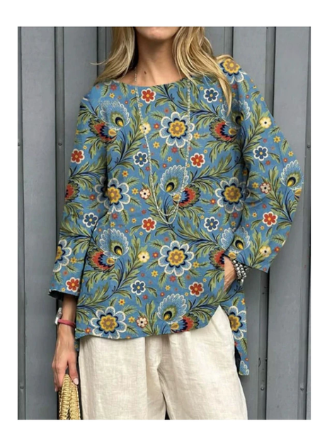 

Casual Floral Crew Neck Three Quarter Sleeve T-shirt, Color4, T-shirts