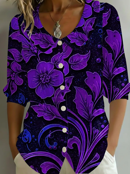 

Women Floral Shawl Collar Half Sleeve Shirt Printing Casual Daily Summer Top, Purple, Shirts