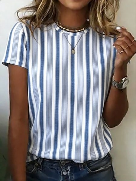 

Casual Striped Crew Neck Short Sleeve T-shirt, Blue, T-shirts