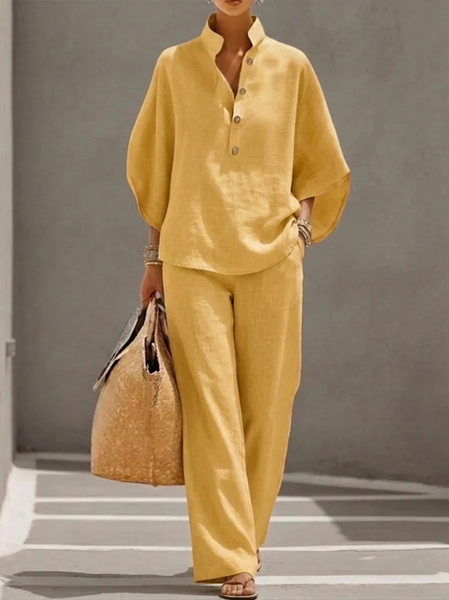 

Women Plain Two-Piece Set Daily Short Sleeve Casual Summer Top With Pants Matching Set, Yellow, Sets