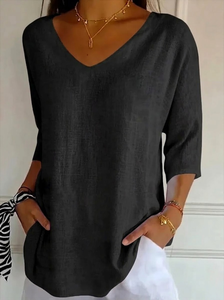 

Women Plain Three Quarter Sleeve Tee T-shirt V Neck Printing Casual Graphic Tee Spring/Fall Top, Black, T-Shirts