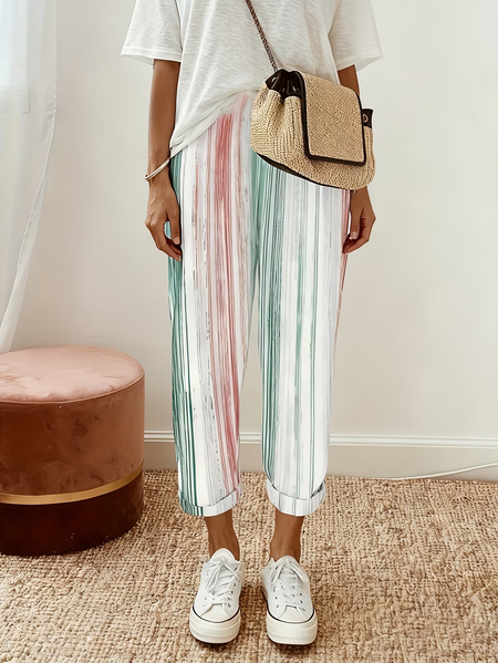 

Women Striped Long Pants Casual Spring/Fall Trousers, White, Pants