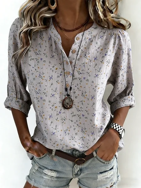 

Long Sleeve Ditsy Floral Regular Micro-Elasticity Loose Shirt For Women, Gray, Shirts