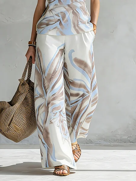 

Vacation Botanical Pattern Printing Wide Leg Pants, As picture, Pants