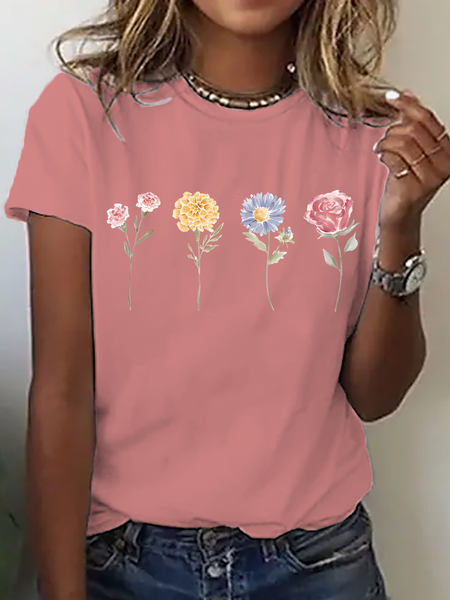 

Vintage Floral Crew Neck Short Sleeve T-shirt, Orange pink, T-shirts
