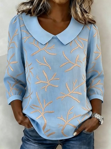 

Shawl Collar Half Sleeve 3D Printing Lightweight Loose Shirt For Women, Blue, Blouses