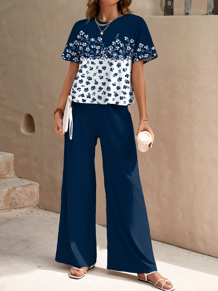 

Women Floral Two-Piece Set Daily Short Sleeve Casual Summer Top With Pants Matching Set, Navyblue, Sets