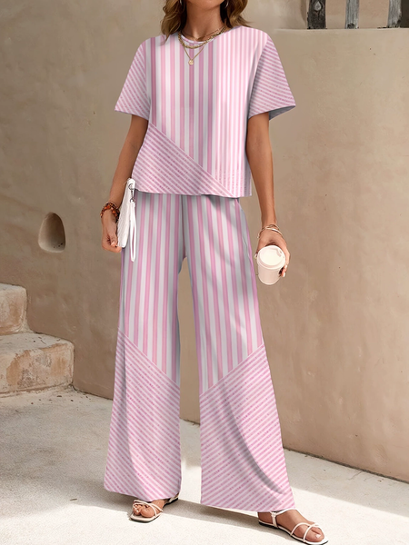 

Women Striped Two-Piece Set Daily Short Sleeve Casual Summer Top With Pants Matching Set, Pink, Sets