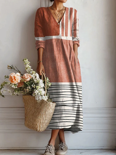 

Women Geometric Summer Dress Crew Neck Half Sleeve H-Line Dress, Brick red, Dresses