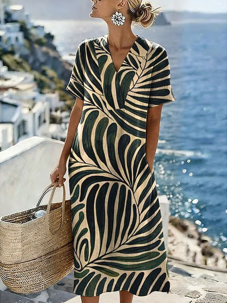 

Women Abstract Summer Dress V Neck Short Sleeve Fit & Flare Dress A-Line Dress, As picture, Dresses