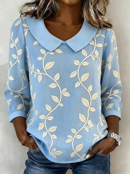 

Shawl Collar Half Sleeve 3D Printing Lightweight Loose Shirt For Women, Blue, Blouses