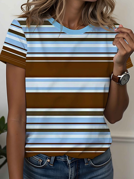 

Casual Striped Crew Neck Short Sleeve T-shirt, As picture, T-shirts